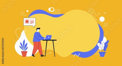 Modern illustration: person working remotely on a laptop, symbolizing online communication, digital tasks, and flexible work lifestyle. Ideal for business tech.