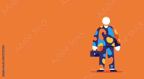 A colorful, abstract business person stands out with a unique pattern, holding a briefcase against an orange background. Represents individuality and professional style.