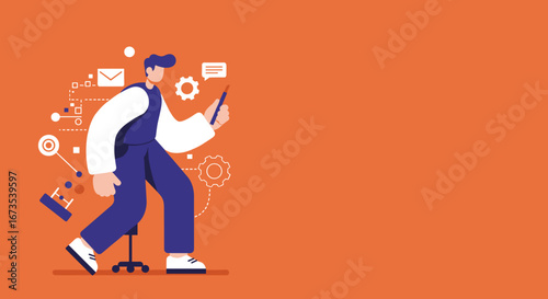 Creative professional sketching ideas and managing tasks, surrounded by abstract symbols of communication, strategy, and business development. Ideal for corporate and technology concepts.