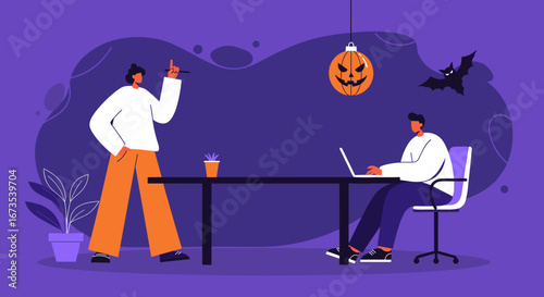 Two colleagues in a festive Halloween-decorated office, one presenting an idea while the other works on a laptop. Blending work with holiday spirit.