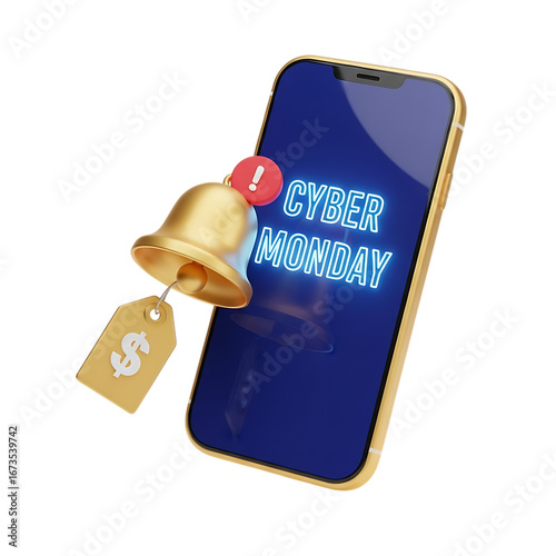Smartphone displaying cyber monday notification with a golden bell and price tag, representing online shopping deals and discounts isolated on transparent background