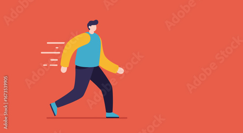 Stylized flat illustration of a person running quickly on an orange background, symbolizing speed, urgency, progress, or fast delivery. Ideal for business, technology, or lifestyle concepts.