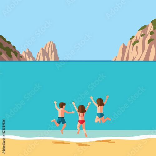 Three people jump for joy on a sandy beach with blue water and rocky cliffs in the background.