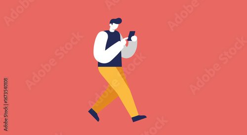Modern man walking and actively using his smartphone, representing digital communication, mobile technology, and connectivity. Ideal for lifestyle, business, or social media concepts.