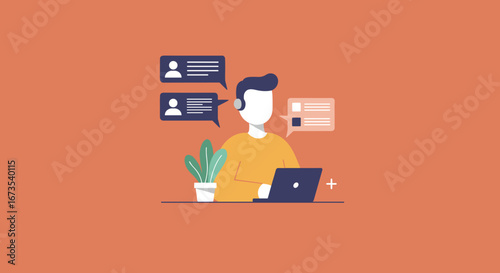 Customer service representative with headset and laptop providing online support, virtual assistance, or digital communication for business.
