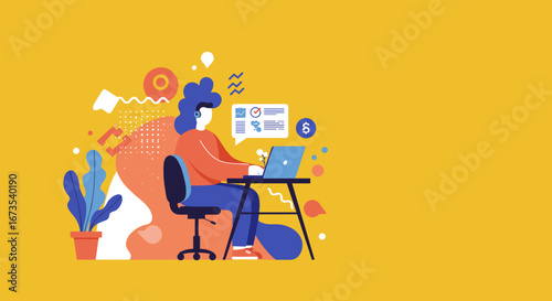 A person works remotely on a laptop, surrounded by icons representing online tasks, finance, and productivity. Ideal for business, education, or freelance concepts.