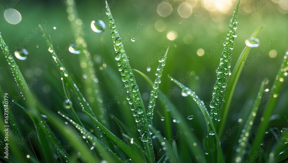 Naklejka premium Close-up of grass with water droplets and dew, morning freshness, nature, serenity, macro shot.