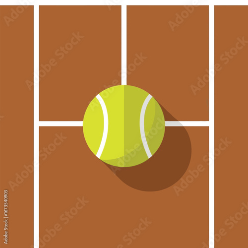 A tennis ball sits on a brown clay court with white lines, viewed from above.