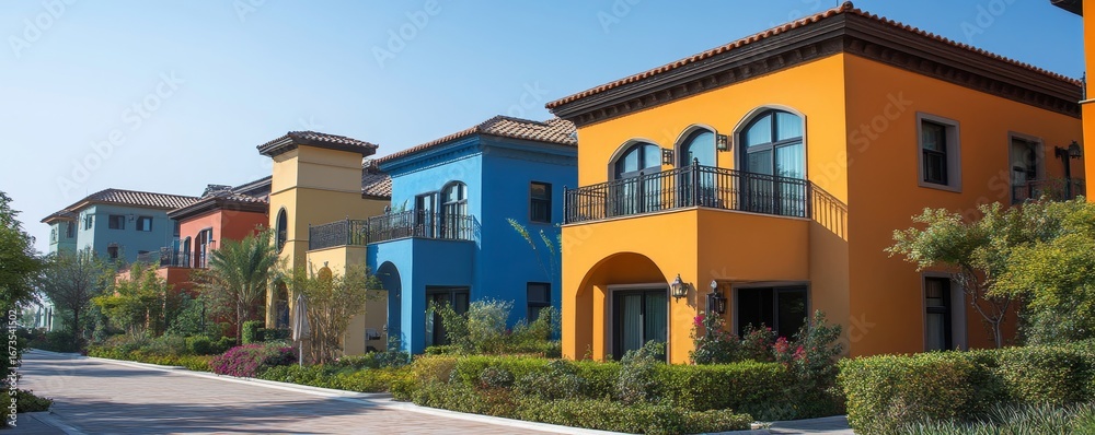 Fototapeta premium Colorful stucco finish traditional private townhouses. Residential architecture exterior, Generative AI