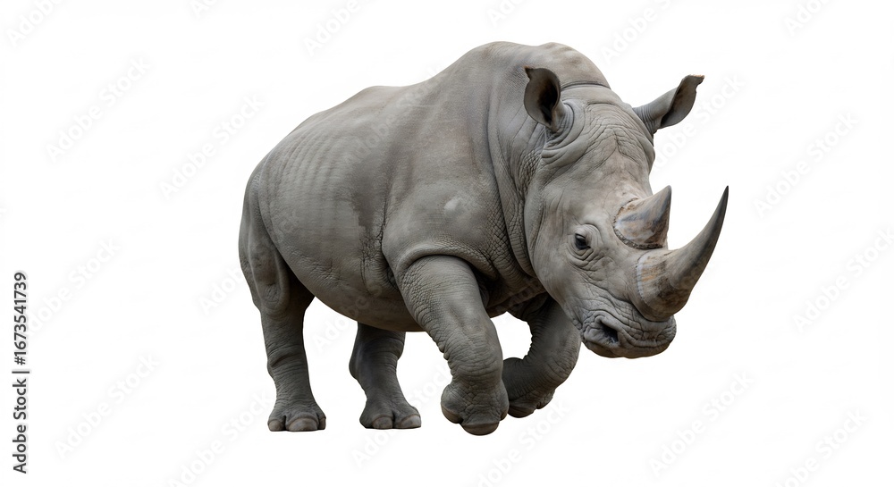 Obraz premium 白背景 強力なサイ 迫力満点の野生動物写真. AI Generated