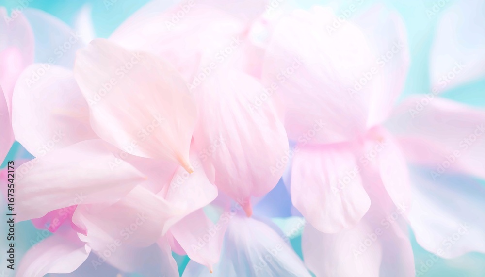 Fototapeta premium A close-up of soft pink and white flower petals on a blurred blue background, a dreamy and romantic image of nature, symbolizing tranquility and delicate beauty, perfect for a floral backdrop