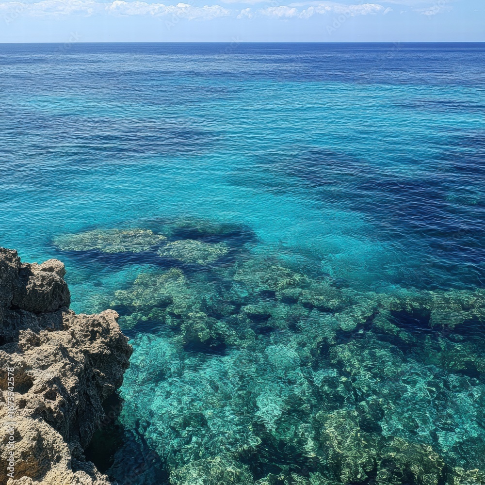 Fototapeta premium Rocky coastline with clear blue water