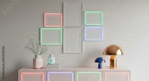 Modern Living Room Display with Neon Frames and Decorative Objects interior home decor