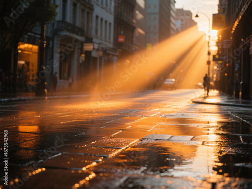 ray sunlight after rain pavement city