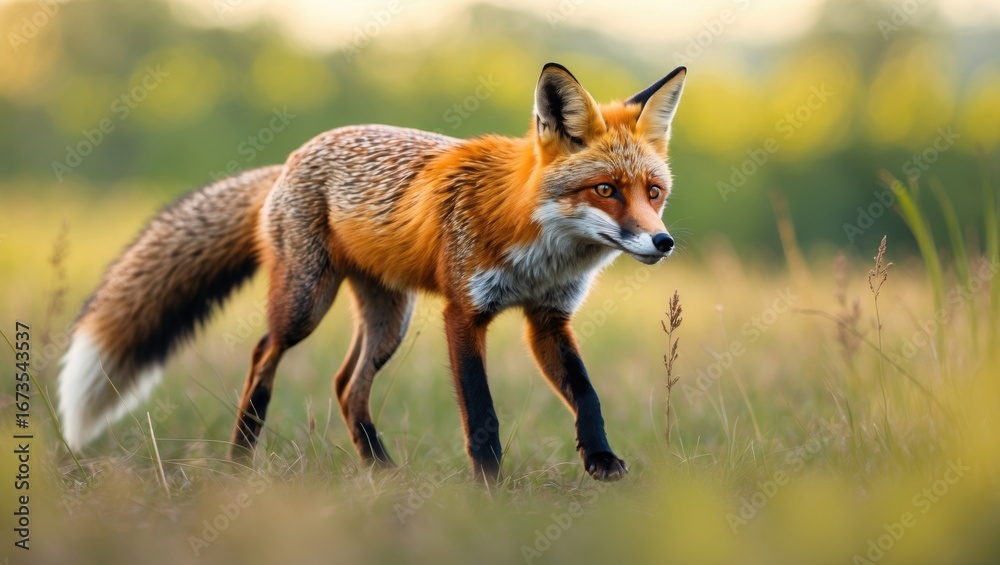 Fototapeta premium A fox in a grassy field during daylight with a blurred background.