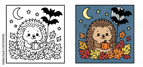 Cute hedgehog coloring page with pumpkins, leaves, bats and stars for autumn/Halloween.