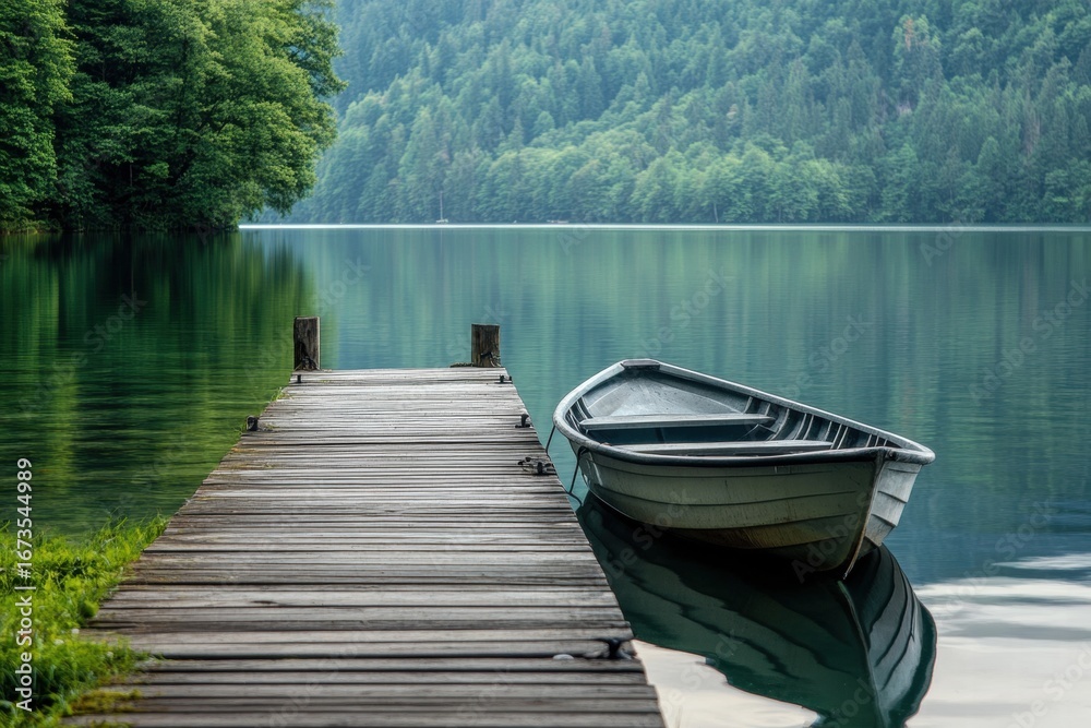 Naklejka premium Wooden pier with boat on tranquil water
