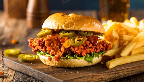 Crispy fried chicken sandwich with jalapenos and fries