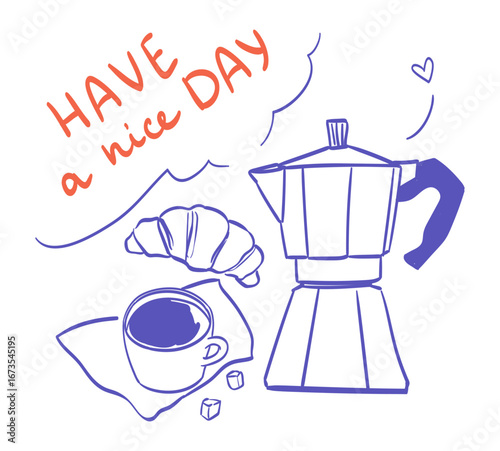 Morning coffee breakfast lovers placard, poster or greeting card. Line vector illustration for cafe, restaurant menus and other printing media. Brunch hours banner in ink outline style. Kitchen print.