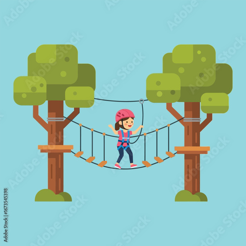 A girl wearing safety gear walks across a rope bridge between two trees in an outdoor adventure park.