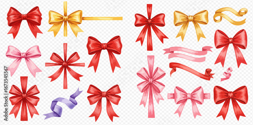 A set of colorful watercolor gift bows and ribbons in red, pink, gold, and purple, for festive decorations and celebrations.