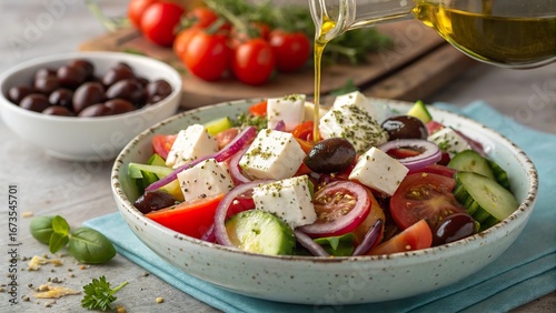 Vibrant greek salad with ripe tomatoes, cucumbers, and olives drizzled with olive oil on a rustic wooden table
