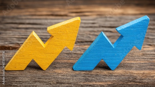 Two wooden arrows symbolizing interest rate shift tracker in a conceptual visualization of financial direction