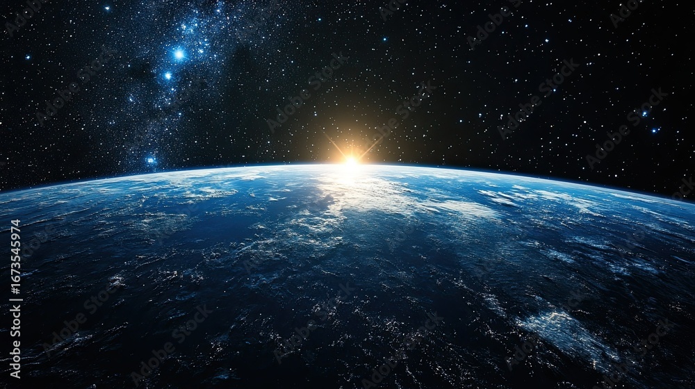 Obraz premium Cosmic horizon--Earth shining against a backdrop of stars --
