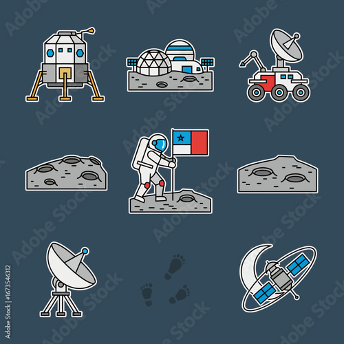 Astronaut on the moon planting a flag with space station and lunar rover elements, space exploration
