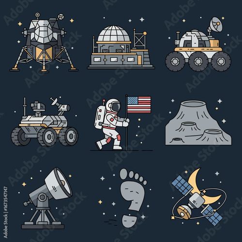Astronaut on the Moon with American Flag, Space Exploration and Cosmic Wonders Illustration
