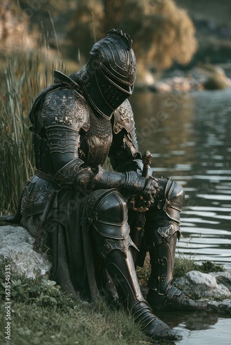 Dark knight sits by a water's edge, contemplative.  Full body armor