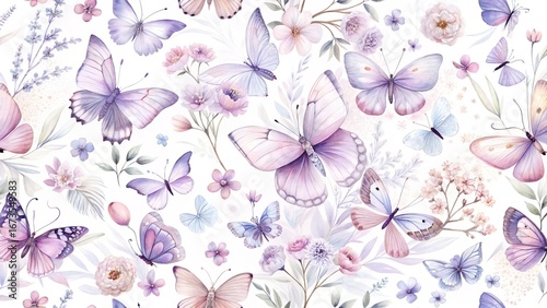 A delicate watercolor pattern of purple and pink butterflies fluttering among soft pastel flowers