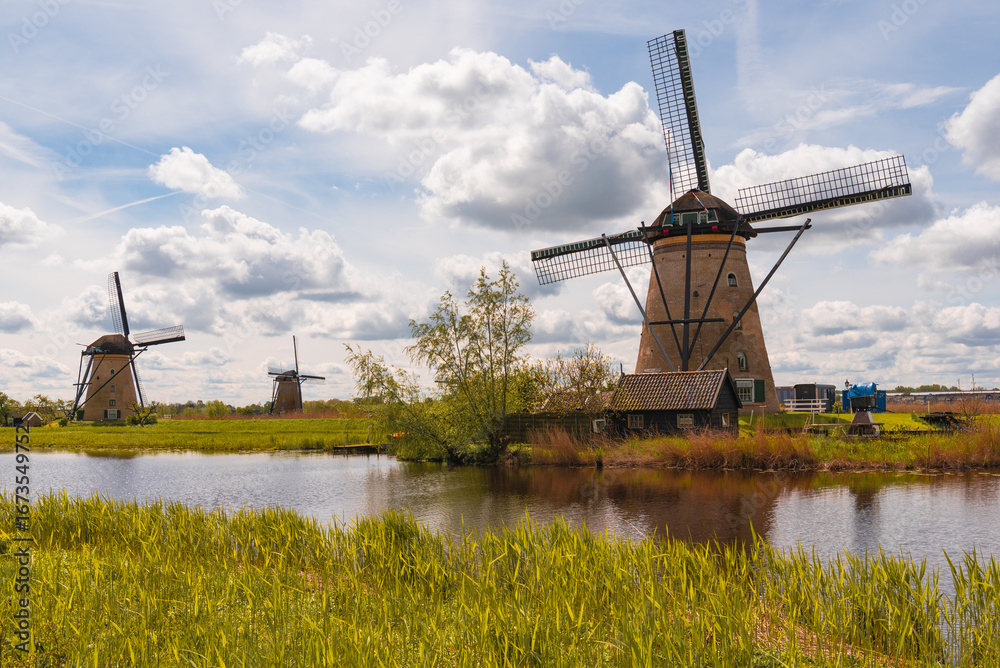 Fototapeta premium Row of traditional Dutch windmills along a canal on a cloudy day