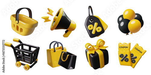 3d shopping and sale icons collection. Black and yellow three dimensional vector illustrations isolated on white background. 