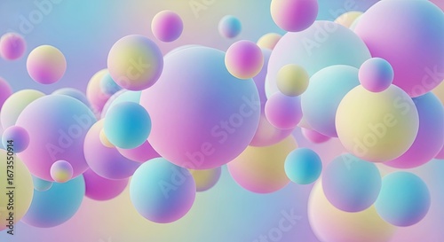 Floating pastel spheres in soft, gradient hues create an abstract and dreamlike composition, perfect for modern digital backgrounds and decorative art with a vibrant yet gentle aesthetic