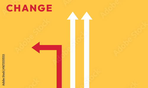 Background change concept. Minimalist stile red arrow changing direction and white ones. New idea, changer, trend, courage, creative solution,business, innovation and unique way concept