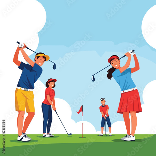 A family enjoys a game of golf on a sunny day.