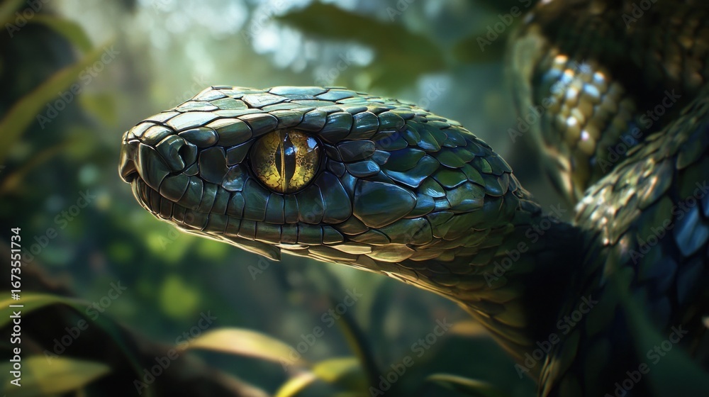 Fototapeta premium Close-up venomous snake in lush rainforest