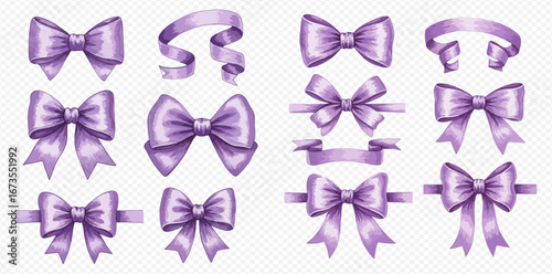 An elegant collection of illustrated purple satin bows and swirling ribbons in various decorative styles.
