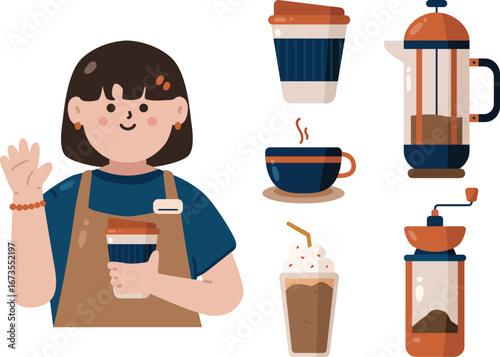 Collection of Barista with Cup of Coffee Illustration Element Barista, French Press, Coffee Mill and Frappuchino
