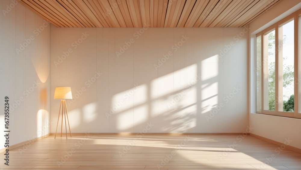 Obraz premium Empty room with sunlight and shadows, natural lighting, minimalist interior, Scandinavian design, bright space.