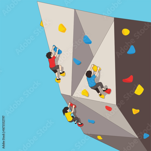 Three children rock climbing on a colorful, geometric climbing wall against a light blue sky.