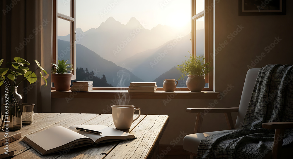 Fototapeta premium Cozy morning scene with coffee and book overlooking mountain view