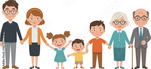 Cartoon family generation illustration, happy grandparents, parents, and kids standing together, ideal for education, family values, and diversity designs