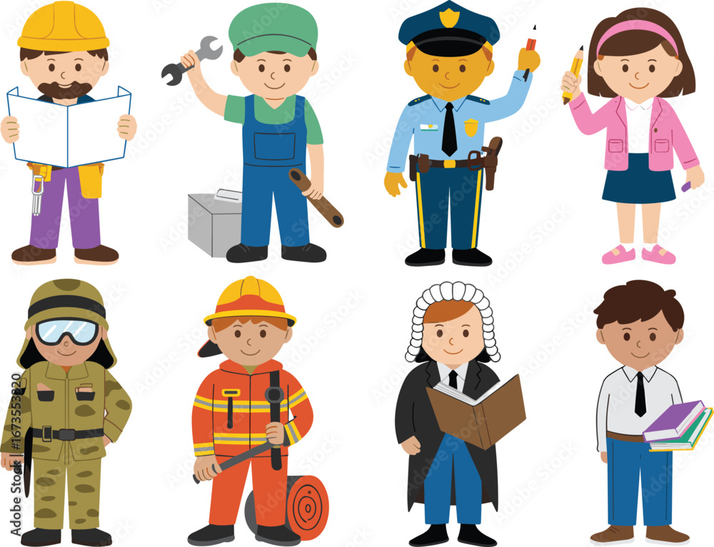 Cartoon illustration of kids dressed as professionals, police, doctor, engineer, teacher, firefighter, judge, builder, student, mechanic