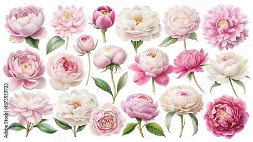 Collection of pink and white peonies in various stages of bloom, isolated on white background
