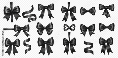 A collection of elegant black satin bows and shiny, curled ribbons for gift wrapping and decoration.