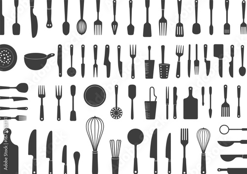 Kitchen Utensil Silhouettes Collection, Cooking Tools, Black Vector Icons, Cutlery and Kitchenware, Culinary Equipment Design, Food Prep Essentials Set