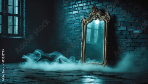 A mirror leaning against a brick wall with fog on the floor in an eerie, dimly lit room.