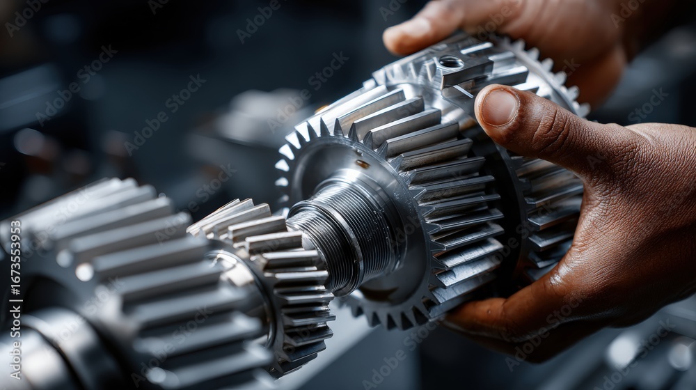 Naklejka premium A worker lubricating gears to ensure smooth operation, emphasizing maintenance in mechanical systems.